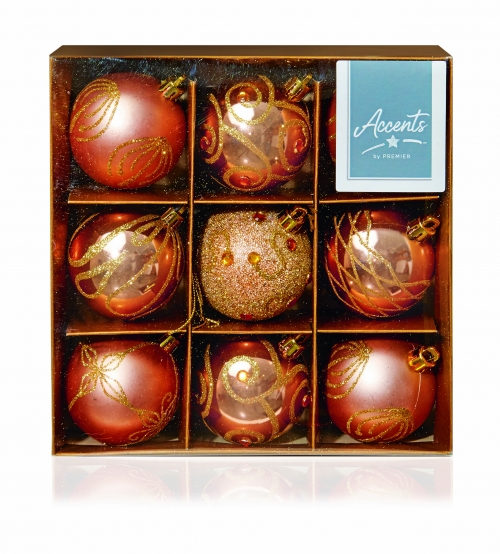 Premier 9 x 60mm Rose Gold Decorated Baubles