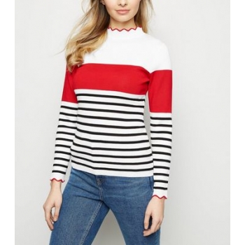 White Stripe Colour Block Frill Neck Jumper