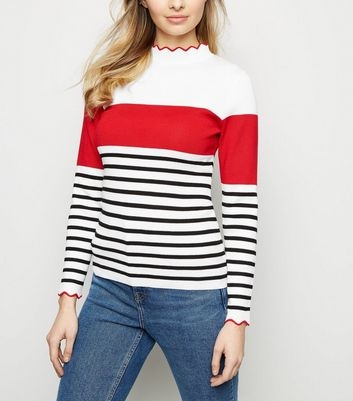 White Stripe Colour Block Frill Neck Jumper