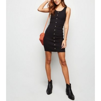 Black Ribbed Button Front Sleeveless Mini Dress