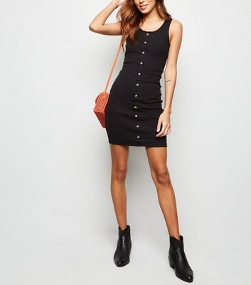 Black Ribbed Button Front Sleeveless Mini Dress