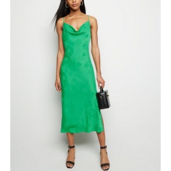 Green Floral Satin Cowl Neck Midi Dress