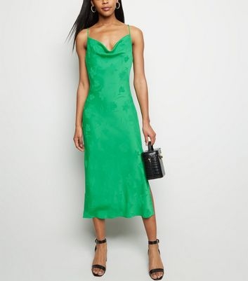 Green Floral Satin Cowl Neck Midi Dress