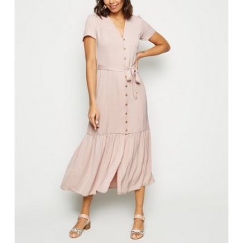 Pale Pink Herringbone Tiered Button Front Midi Dress