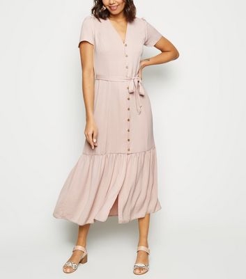 Pale Pink Herringbone Tiered Button Front Midi Dress