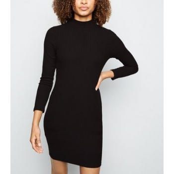 Black Brushed Rib High Neck Bodycon Dress