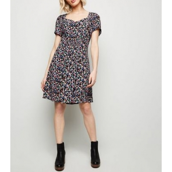 Black Bright Floral Short Sleeve Mini Dress