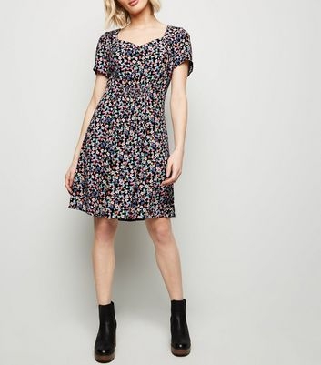 Black Bright Floral Short Sleeve Mini Dress