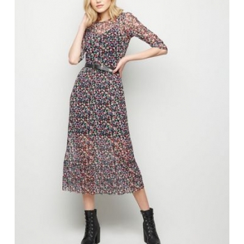 Black Bright Floral Mesh Midi Dress