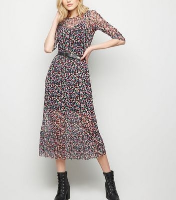 Black Bright Floral Mesh Midi Dress