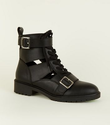 Black Cut Out Lace Up Biker Boots