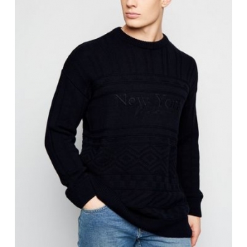 Navy New York Slogan Cable Knit Jumper