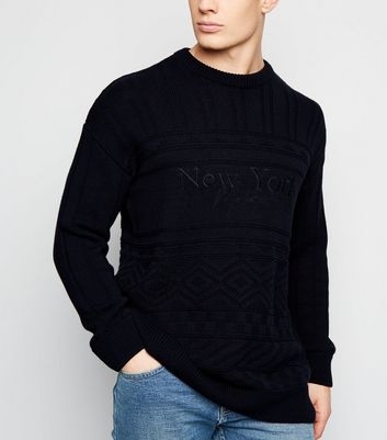 Navy New York Slogan Cable Knit Jumper