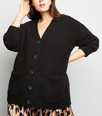 Curves Black Pocket Front Button Up Cardigan