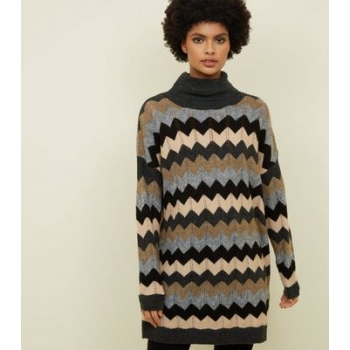 Blue Zig Zag Roll Neck Jumper Dress