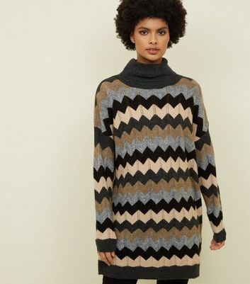 Blue Zig Zag Roll Neck Jumper Dress