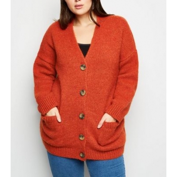 Curves Orange Pocket Front Button Up Cardigan