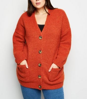 Curves Orange Pocket Front Button Up Cardigan