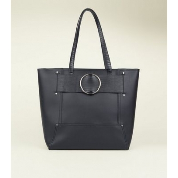 Black Leather-Look Ring Strap Tote Bag