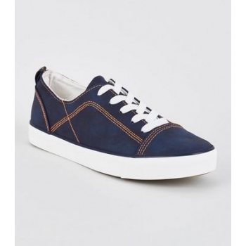 Navy Contrast Stitch Lace-Up Trainers