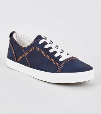 Navy Contrast Stitch Lace-Up Trainers