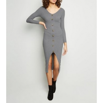 Tokyo Doll Grey Ribbed Button Front Bodycon Dress