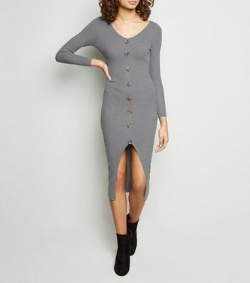 Tokyo Doll Grey Ribbed Button Front Bodycon Dress