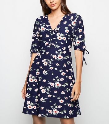 Blue Vanilla Navy Floral Tie Sleeve Tea Dress