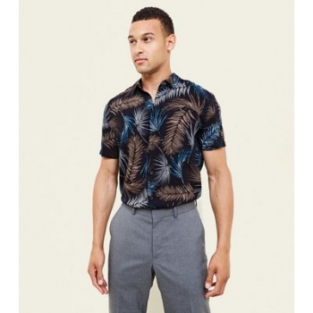 Black Palm Leaf Print Short Sleeve Shirt