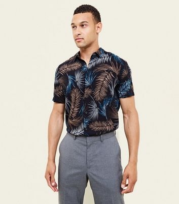 Black Palm Leaf Print Short Sleeve Shirt