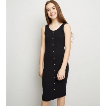 Girls Black Button Front Midi Bodycon Dress