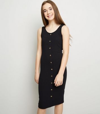 Girls Black Button Front Midi Bodycon Dress