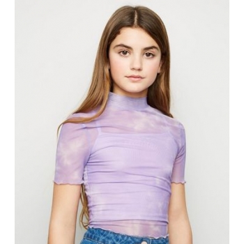 Girls Lilac Tie Dye Mesh High Neck Top