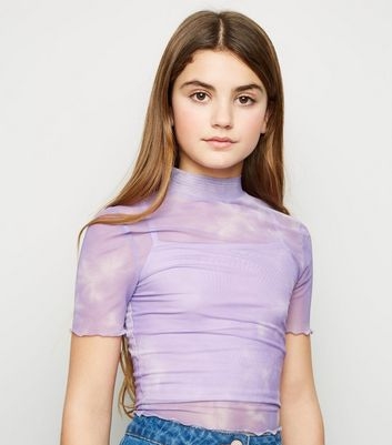 Girls Lilac Tie Dye Mesh High Neck Top