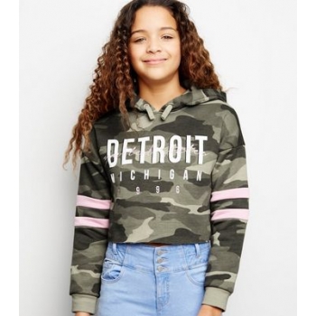 Girls Green Camo Detroit Slogan Hoodie