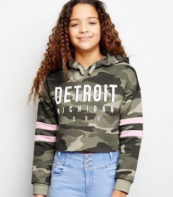 Girls Green Camo Detroit Slogan Hoodie