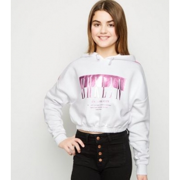 Girls White Brooklyn Metallic Slogan Hoodie