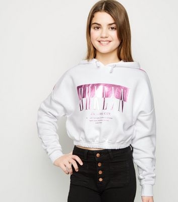 Girls White Brooklyn Metallic Slogan Hoodie