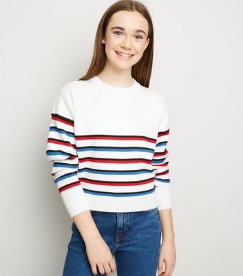 Girls Off White Multi Stripe Jumper