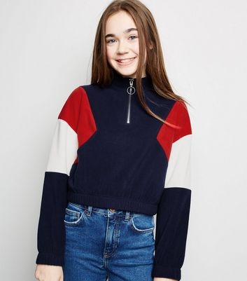 Girls Blue Colour Block Fleece Sweatshirt