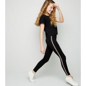 Girls Black Diamanté Side Stripe Leggings