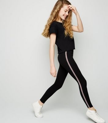 Girls Black Diamanté Side Stripe Leggings