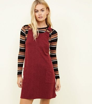 Burgundy Cross Hatch Round Buckle Pinafore Dress