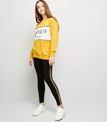 Girls Yellow Piped Side Stripe Leggings