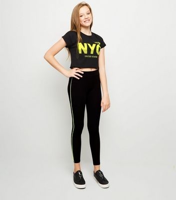 Girls Black Neon Piped Stripe Leggings