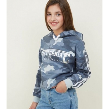 Girls Blue California Slogan Camo Print Hoodie