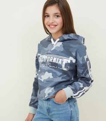 Girls Blue California Slogan Camo Print Hoodie