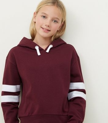 Girls Burgundy Stripe Sleeve Hoodie