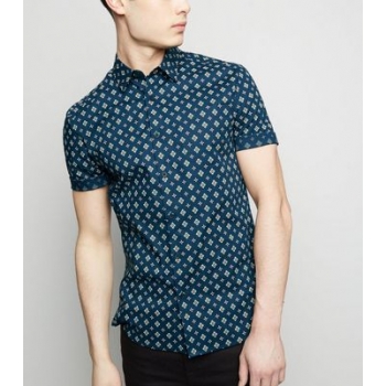 Navy Tile Print Muscle Fit Short Sleeve Shirt