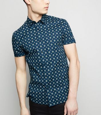 Navy Tile Print Muscle Fit Short Sleeve Shirt